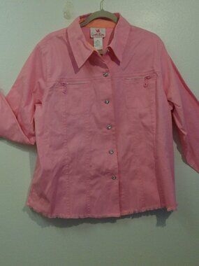 Quacker Factory Pink w/Orange Trim Rhinestone Detail Button Down Jacket size XL